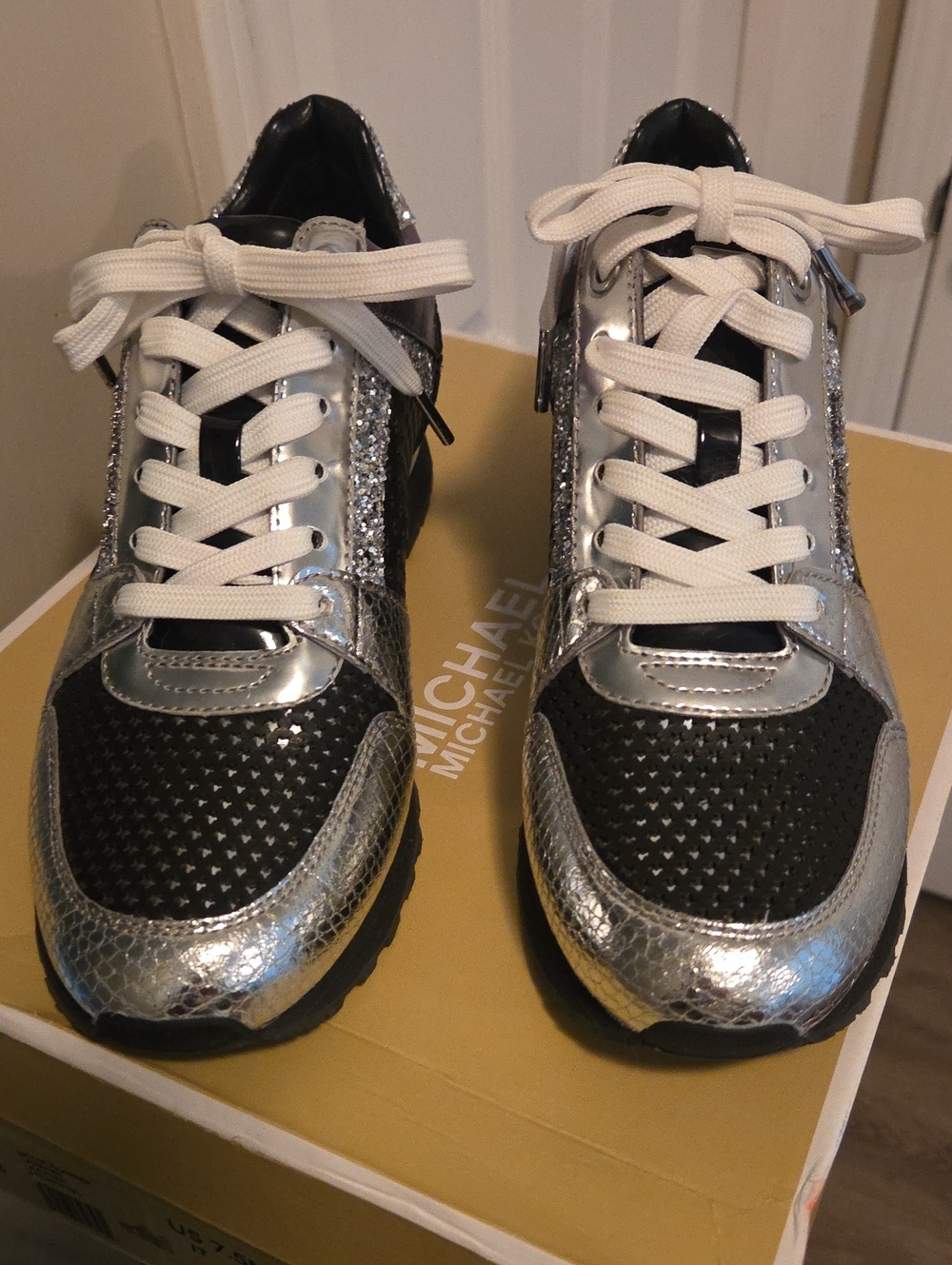 Michael Kors Silver and Black Women's Lace-Up Sneakers